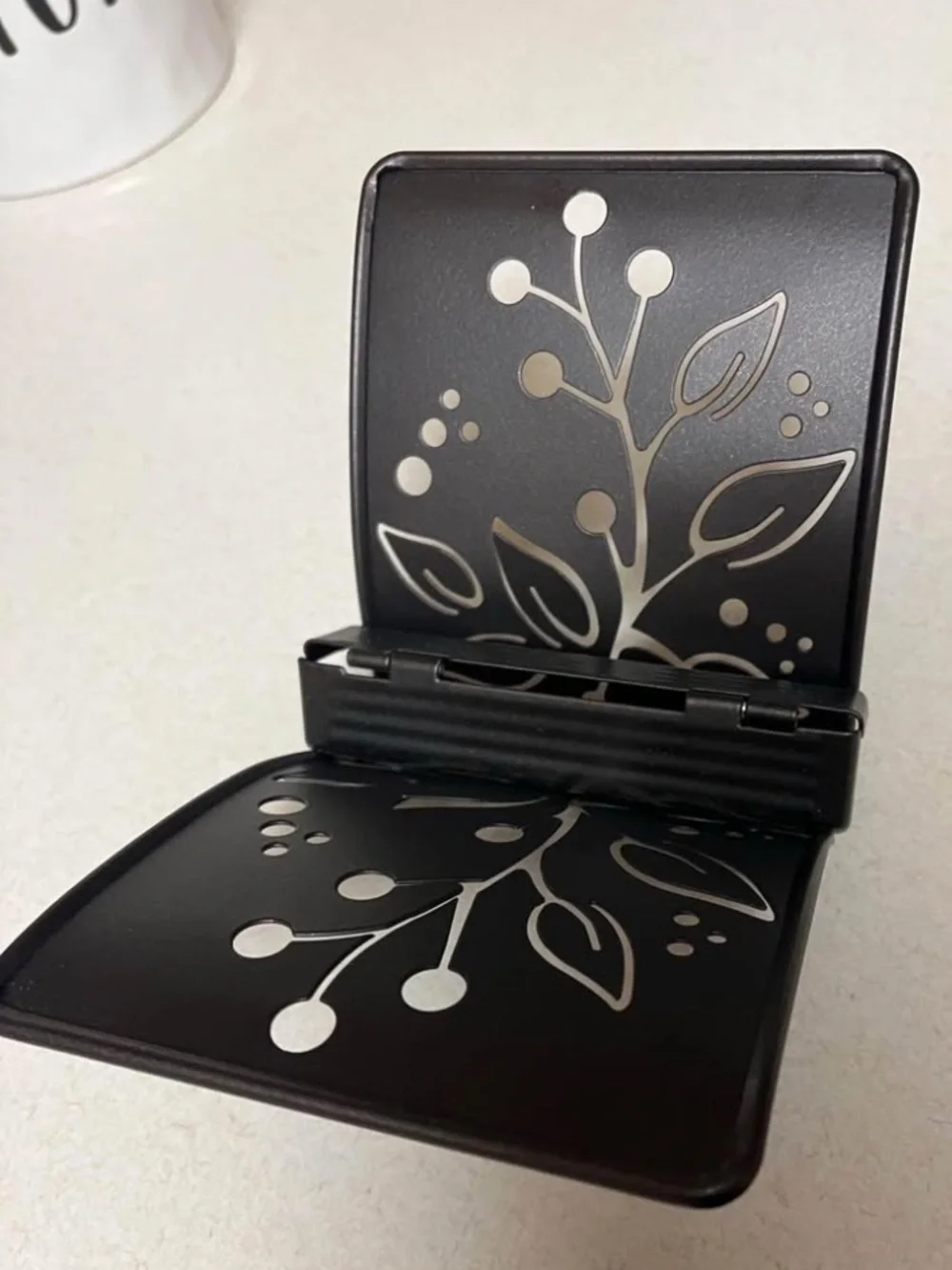 Brown Metal Napkin Holder with Leaf Cutout
